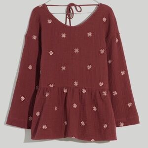 Madewell Embroidered Lightspun Peplum Open-Back Top, size S, Vintage Mulberry